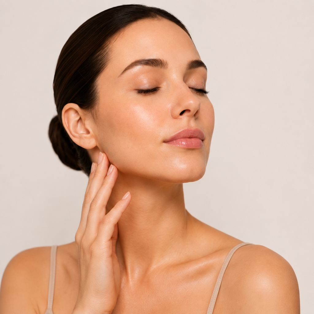 Woman with smooth, hydrated and radiant skin after skin booster treatment
