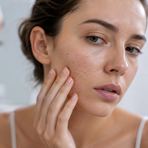 Close-up of dehydrated skin with dry and rough texture