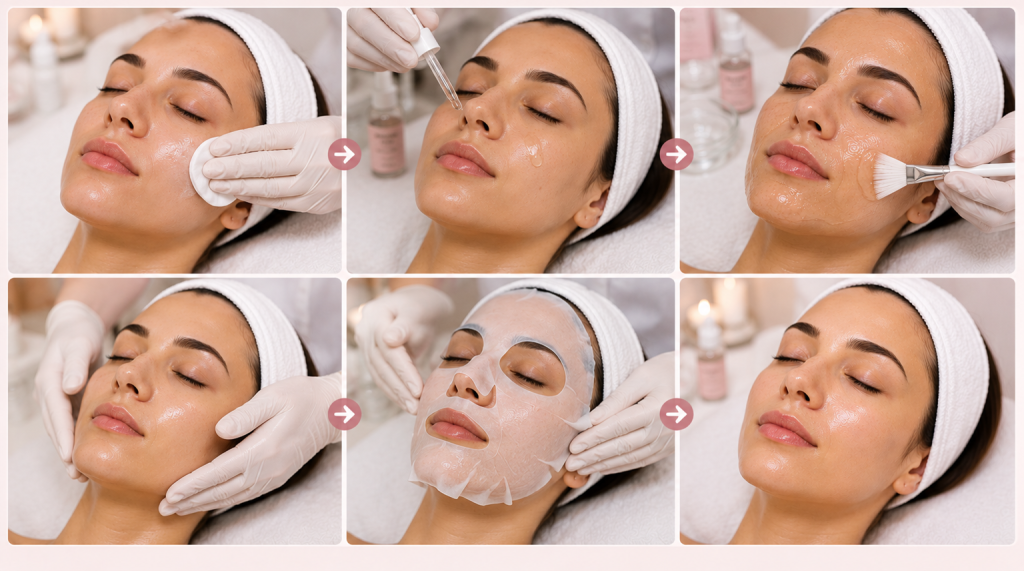 Salmon DNA Facial treatment process showing multiple skincare steps