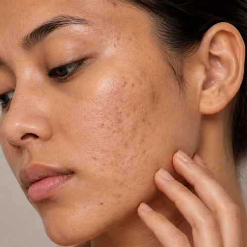 Close-up of uneven skin texture and acne scars on the cheek